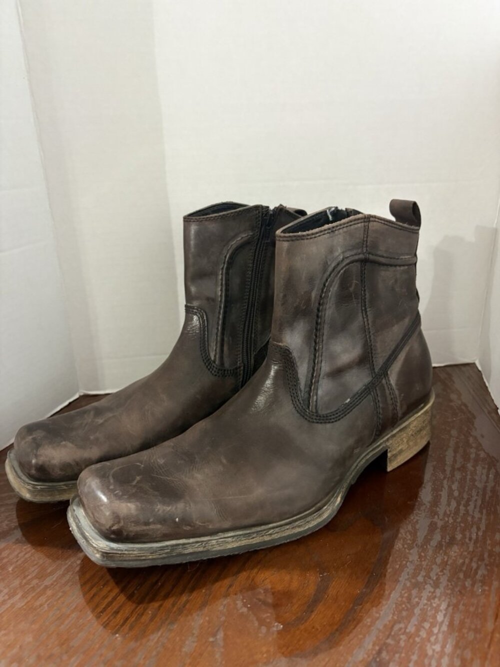 ALDO Leather Italian Square Toe Side Zip Ankle Boots Men 14 EU 48 Brown